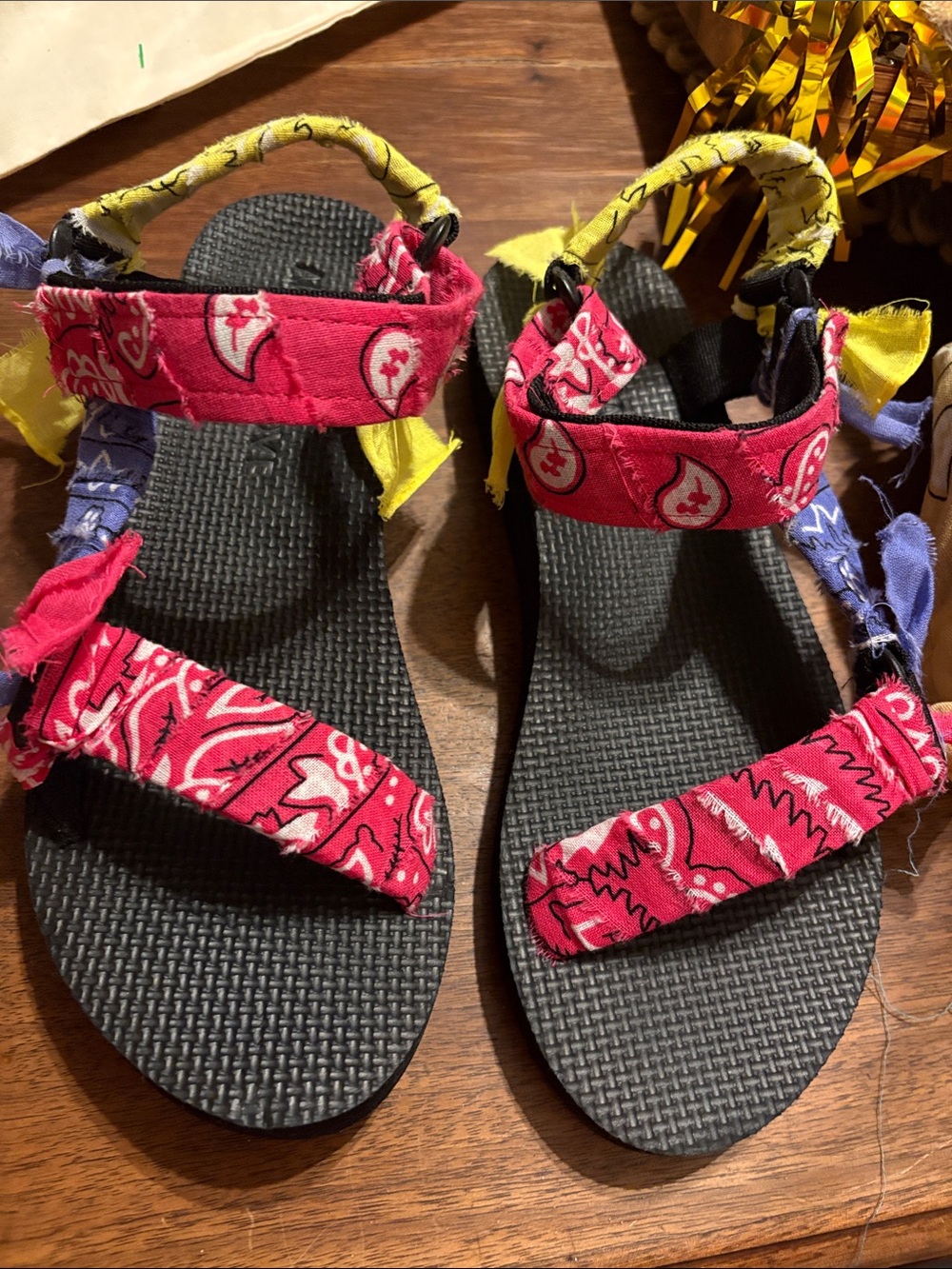 Arizona Love Black Footbed Sandals with Red Bandana Straps and Yellow Accents